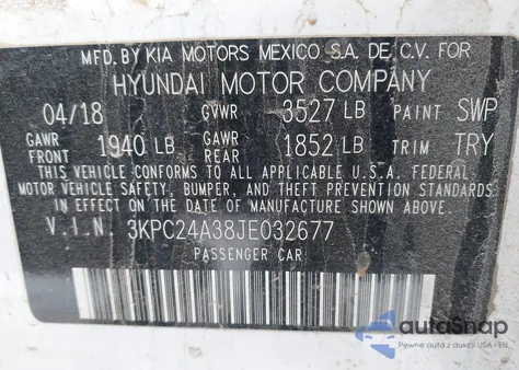2018 Hyundai Accent Se from USA, damaged, VIN 3KPC24A38JE032677